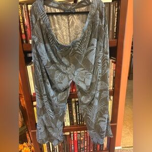 Denim&Co Beach Blue Leaf-Print Wide Leg Pant